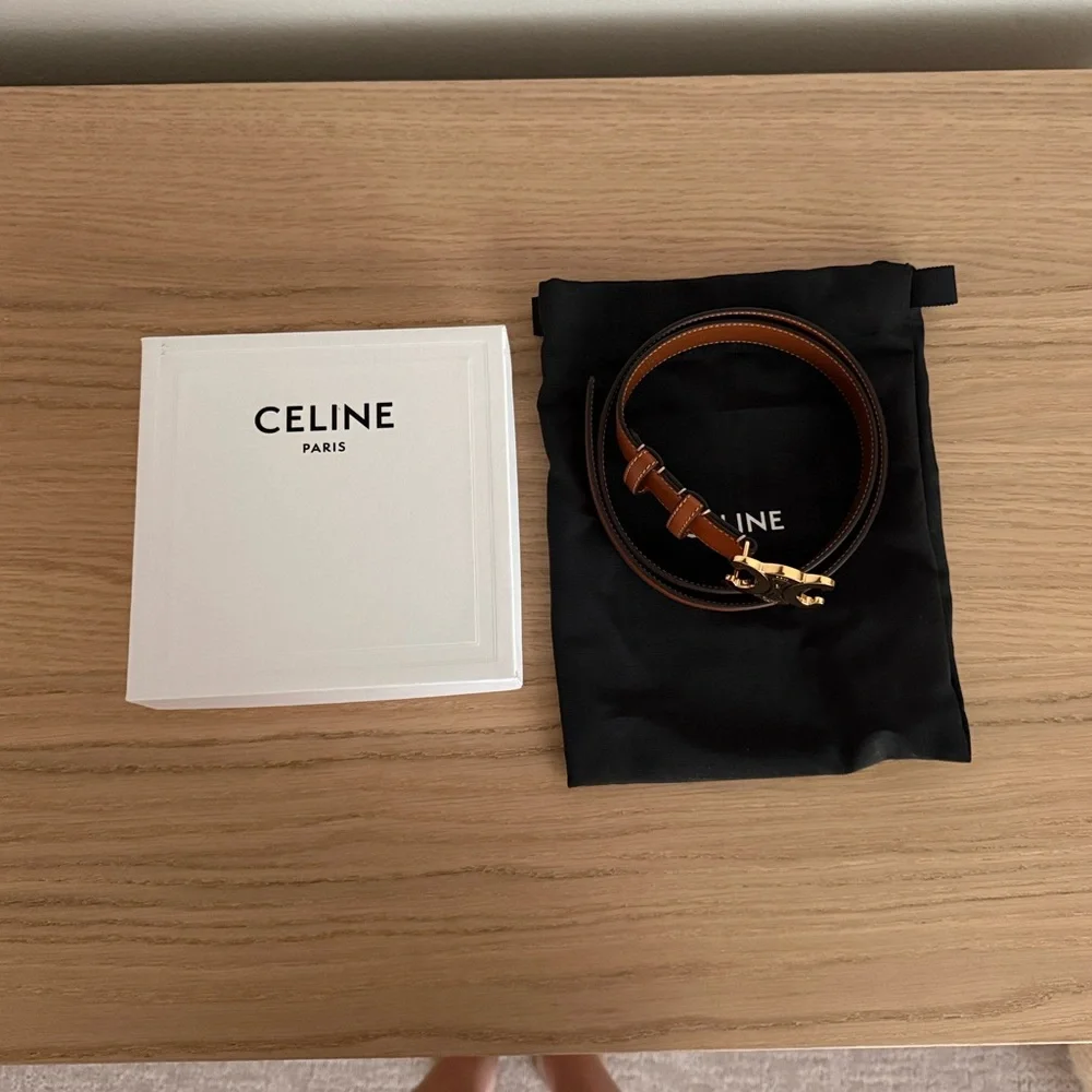 Celine Tan Leather Belt with Gold Double C Buckle